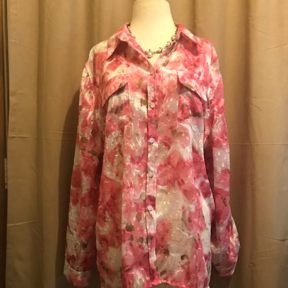 Allison Daley 18 sheer top pink & white long slv